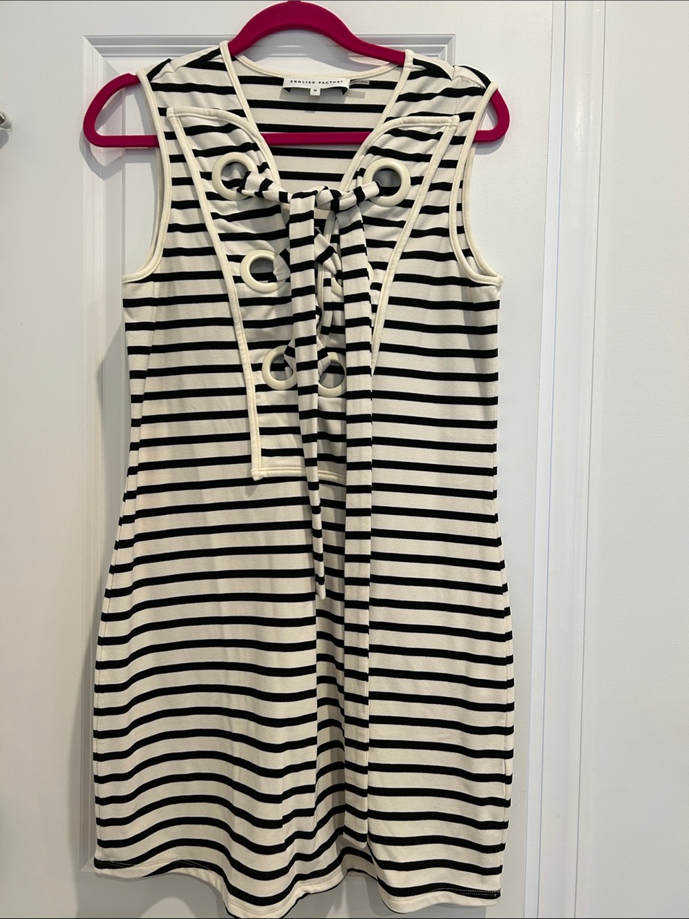 English Factory Black and White Striped Sleeveless Tie-Front Dress